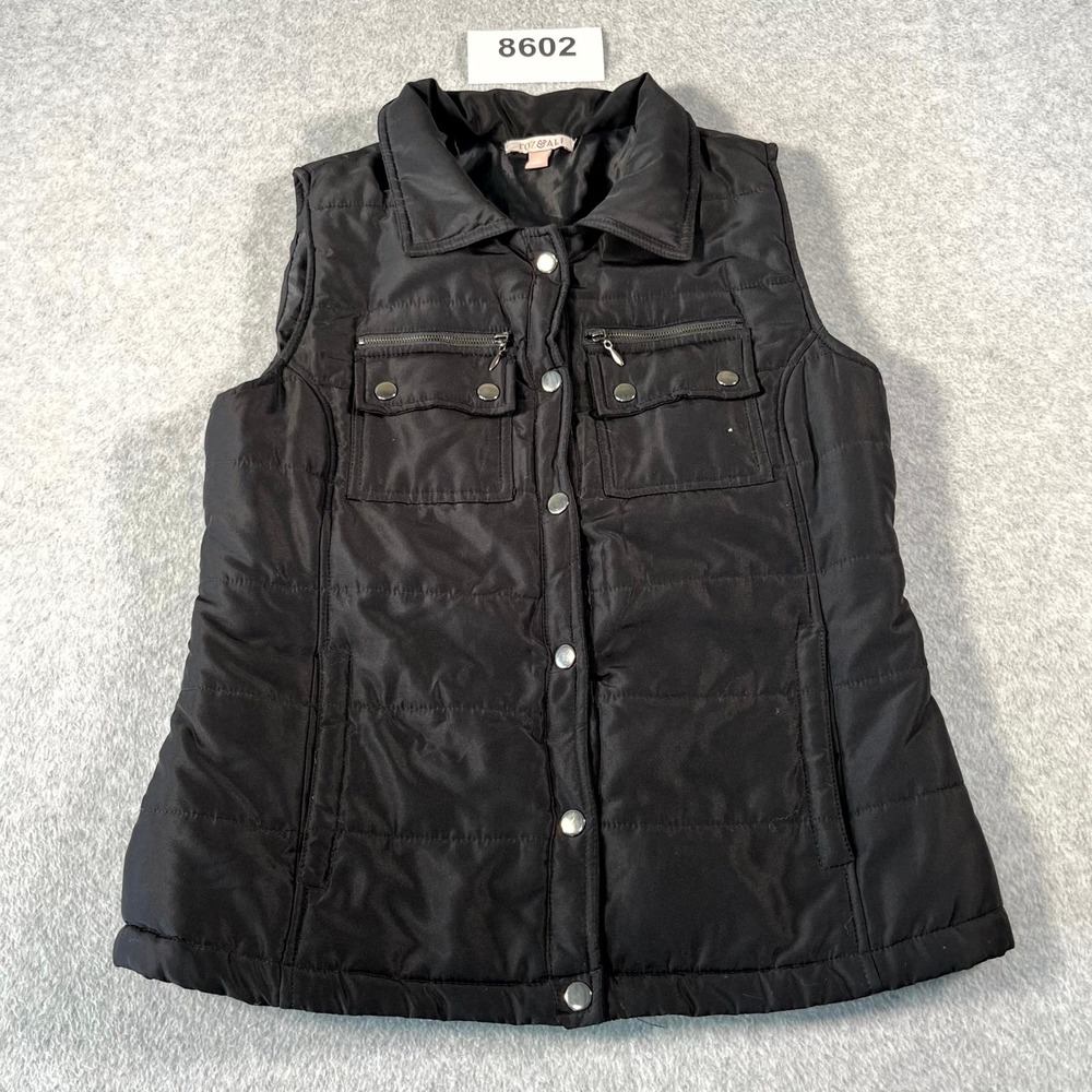 Roz & Ali Puffer Vest Womens Small Black Snap Front Utility Pockets Outdoor